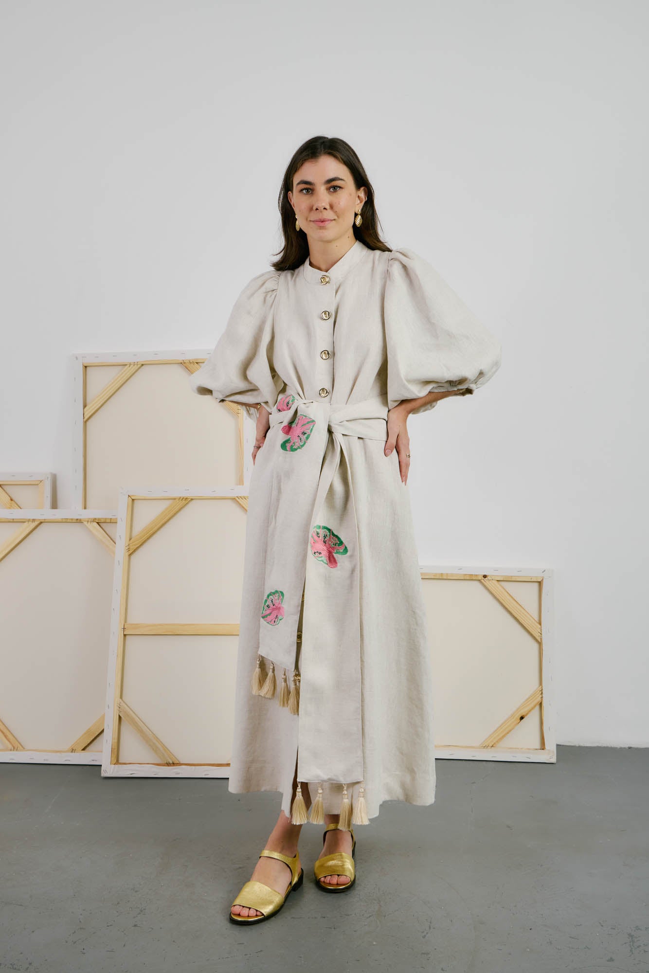 Linen Dress with Caladium Embroidery