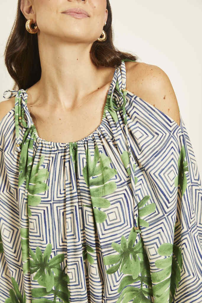 Vestido Rolotê Manga Bufante Est. Palmas