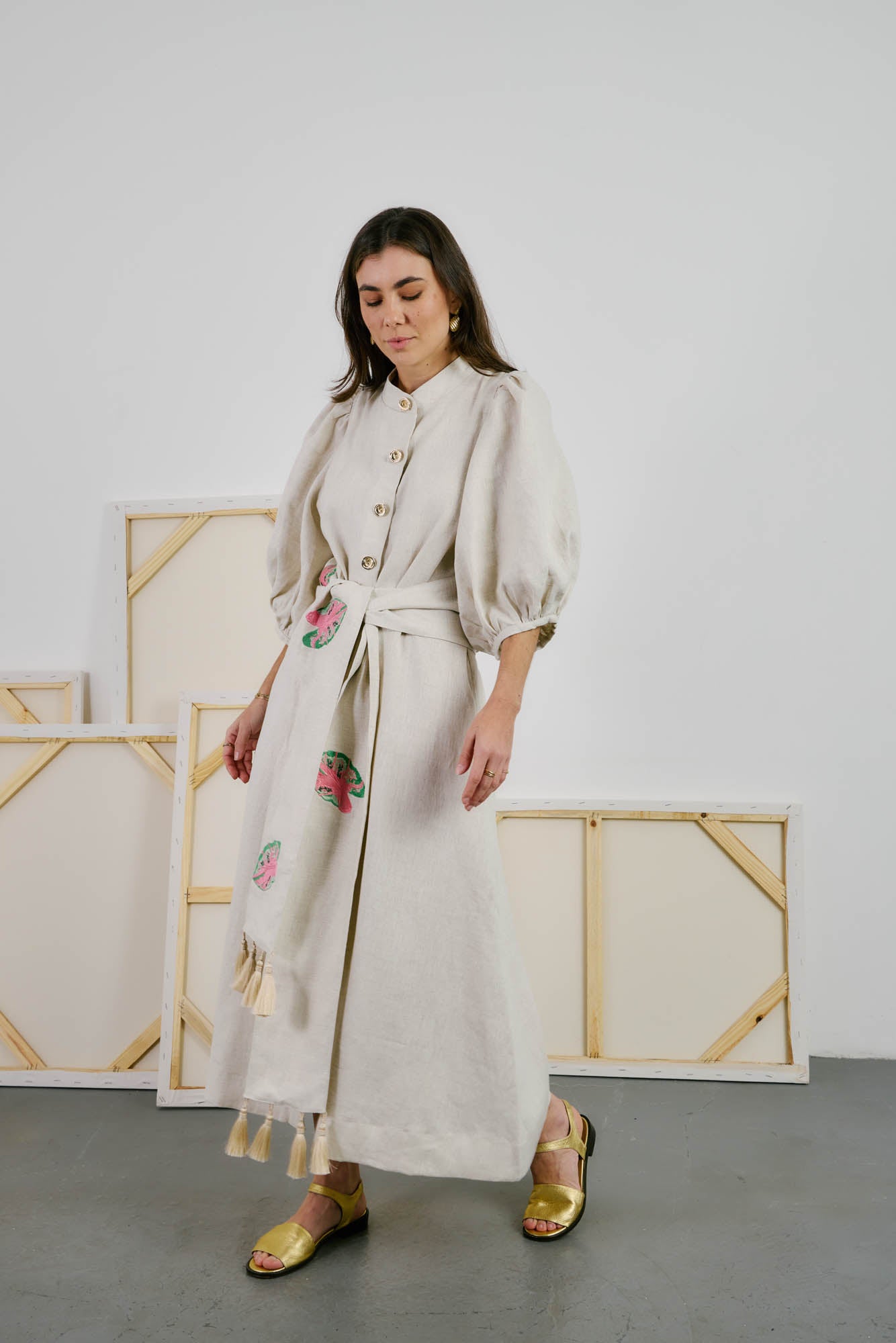 Linen Dress with Caladium Embroidery