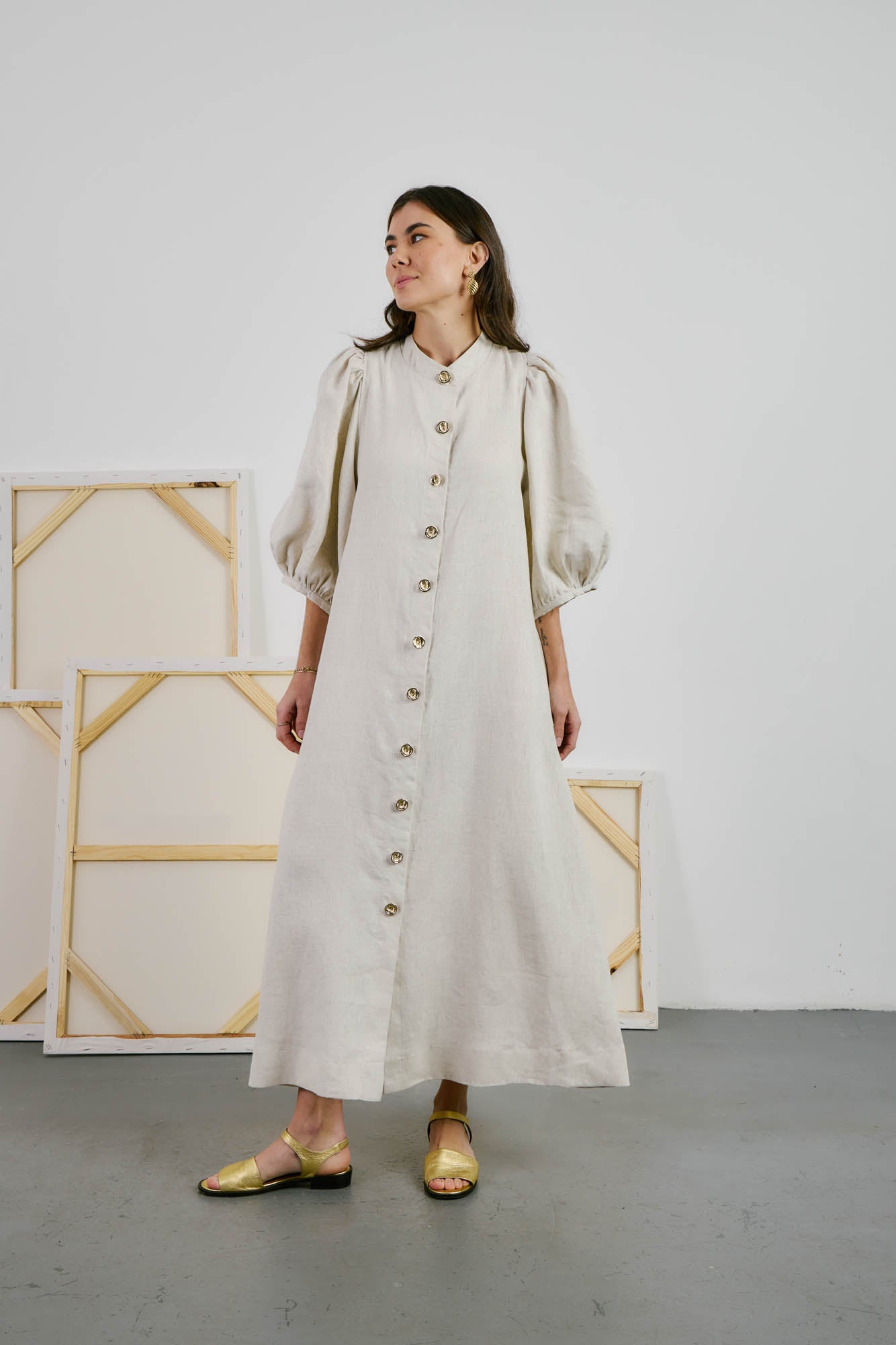 Linen Dress with Caladium Embroidery