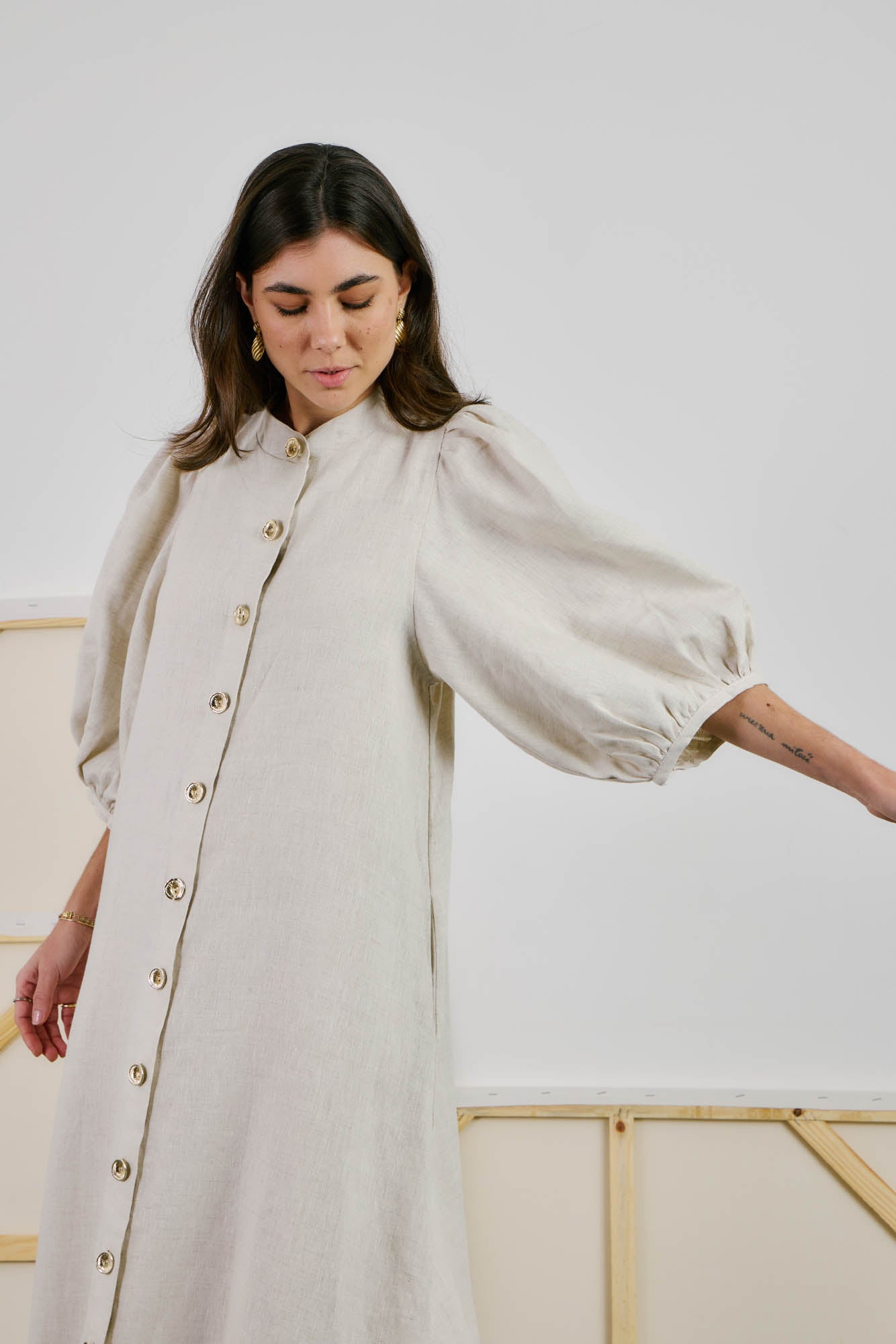 Linen Dress with Caladium Embroidery