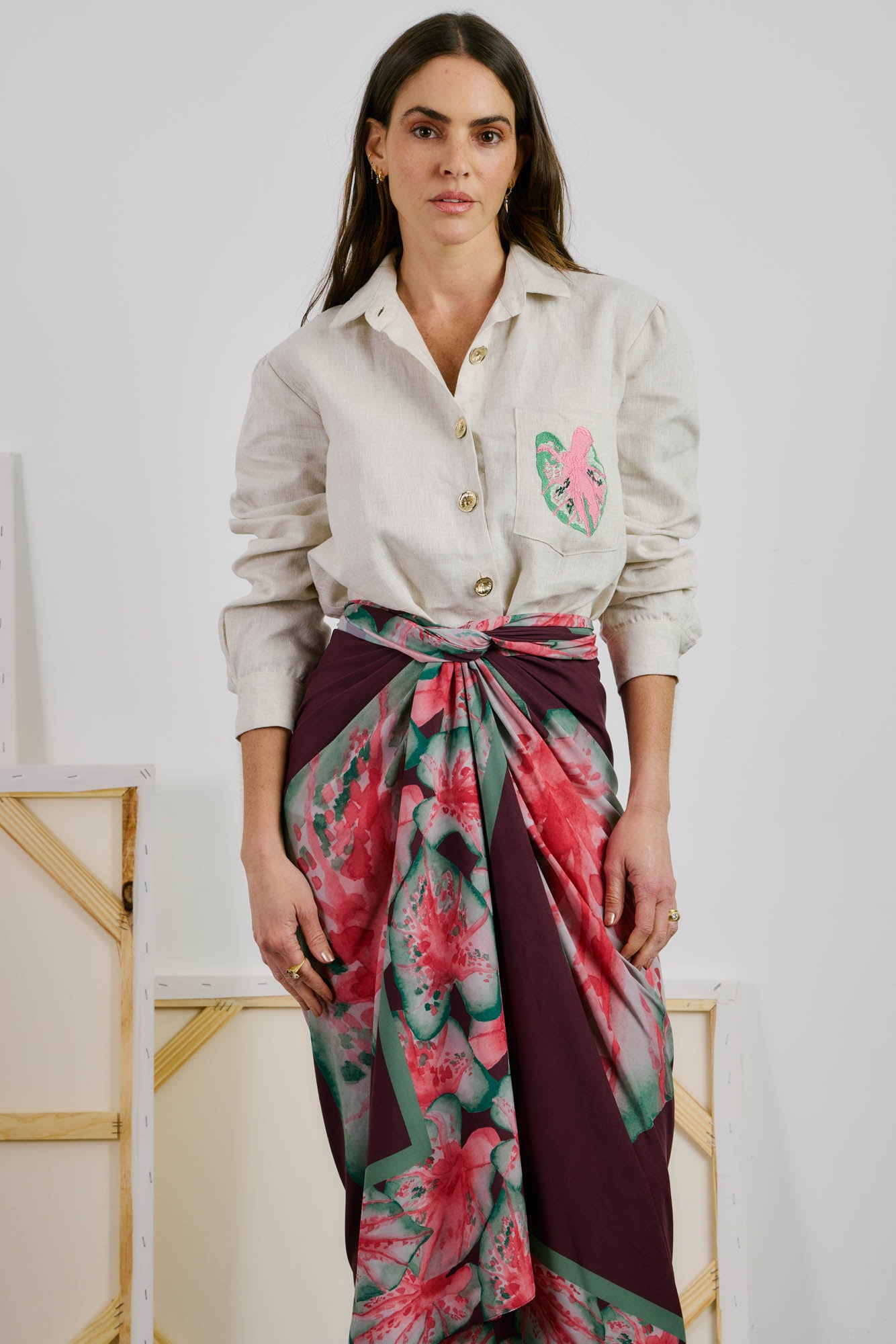 Linen Shirt with Caladium Embroidered Pocket