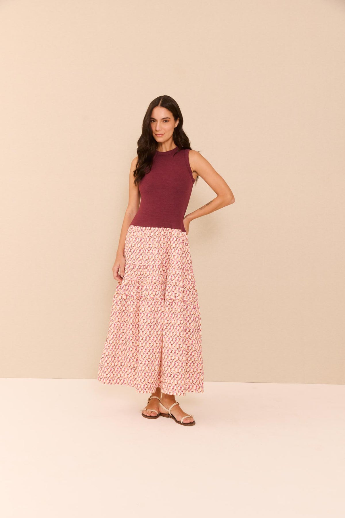 Vestido Mix Malha Bordô