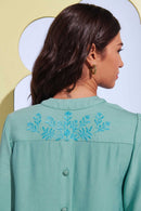 Chemise Abotoamento Costas Bordado Turquesa Florescer