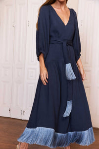 Vestido Franja Mg Bufante Azul Noite