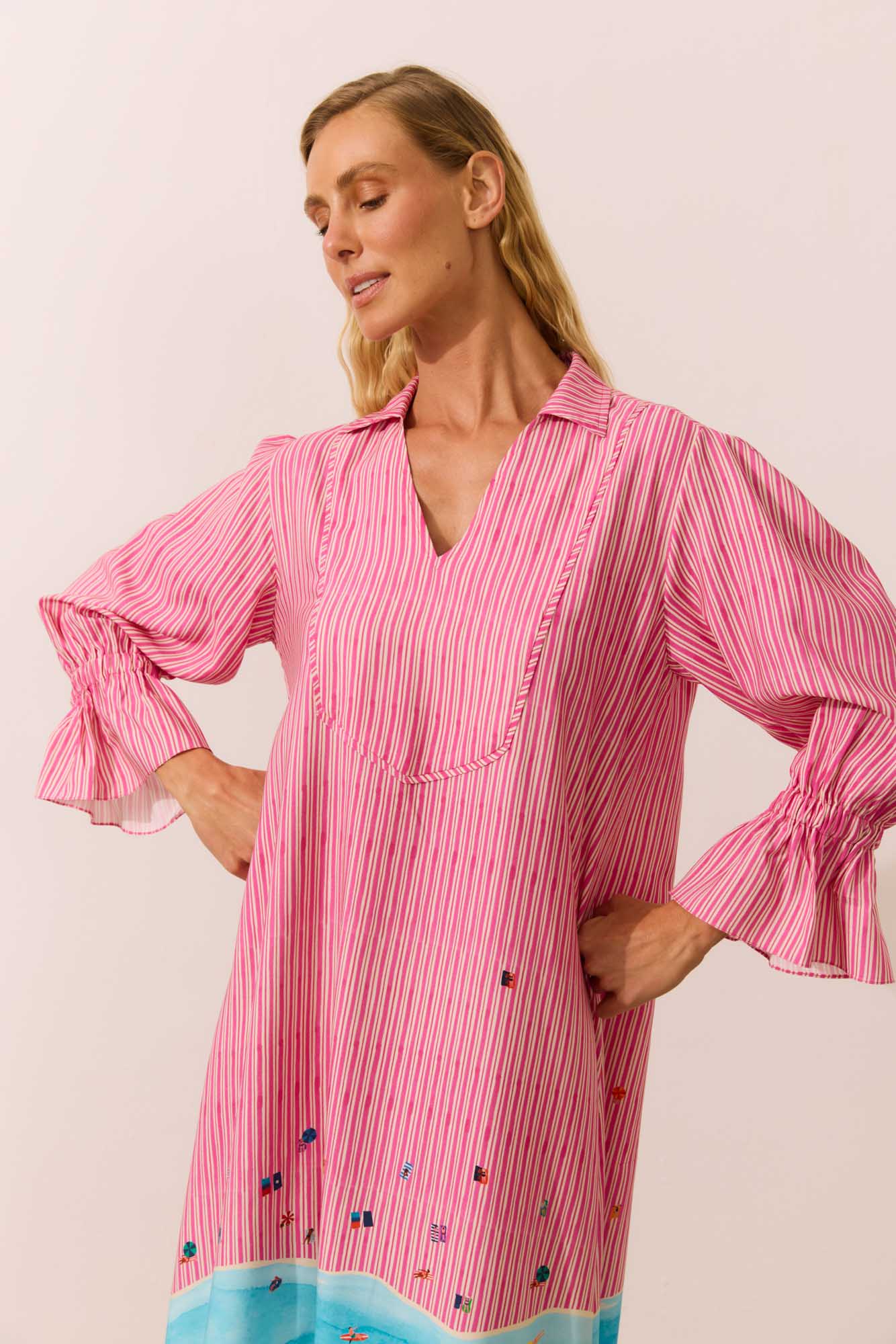 Vestido Manga Franzido Plage