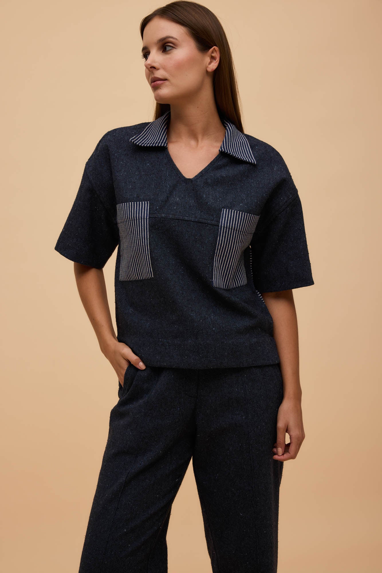 Blusa Bolso Algodão Jeans