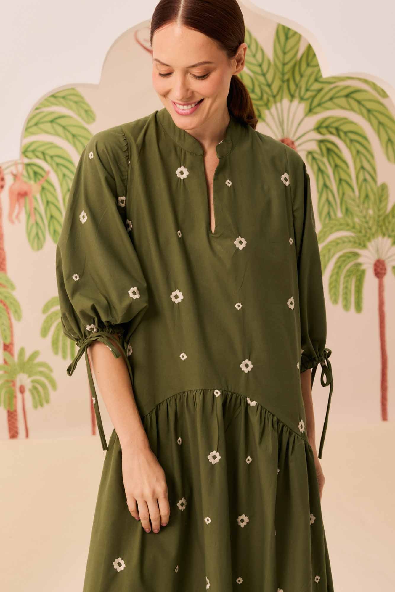 Vestido Mg Verde Bordado