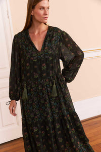 Vestido Babados Jardim Noturno