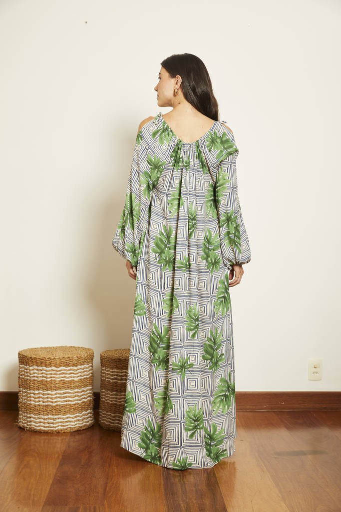 Vestido Rolotê Manga Bufante Est. Palmas