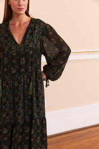 Vestido Babados Jardim Noturno