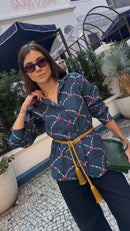 Camisa Art Déco + Calça Alfaiataria Algodão Jeans + Cinto Art Déco