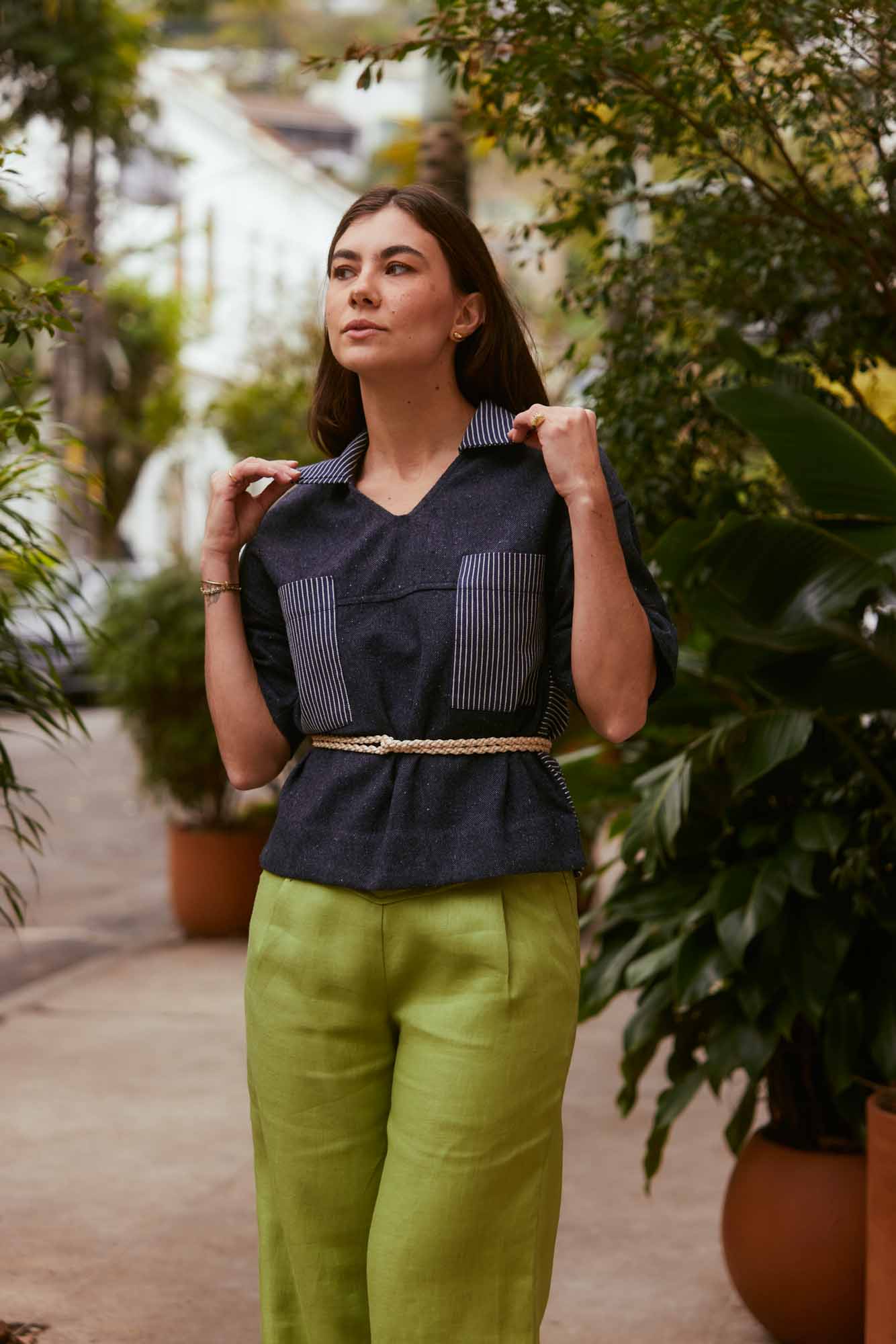 Blusa Bolso Algodão Jeans