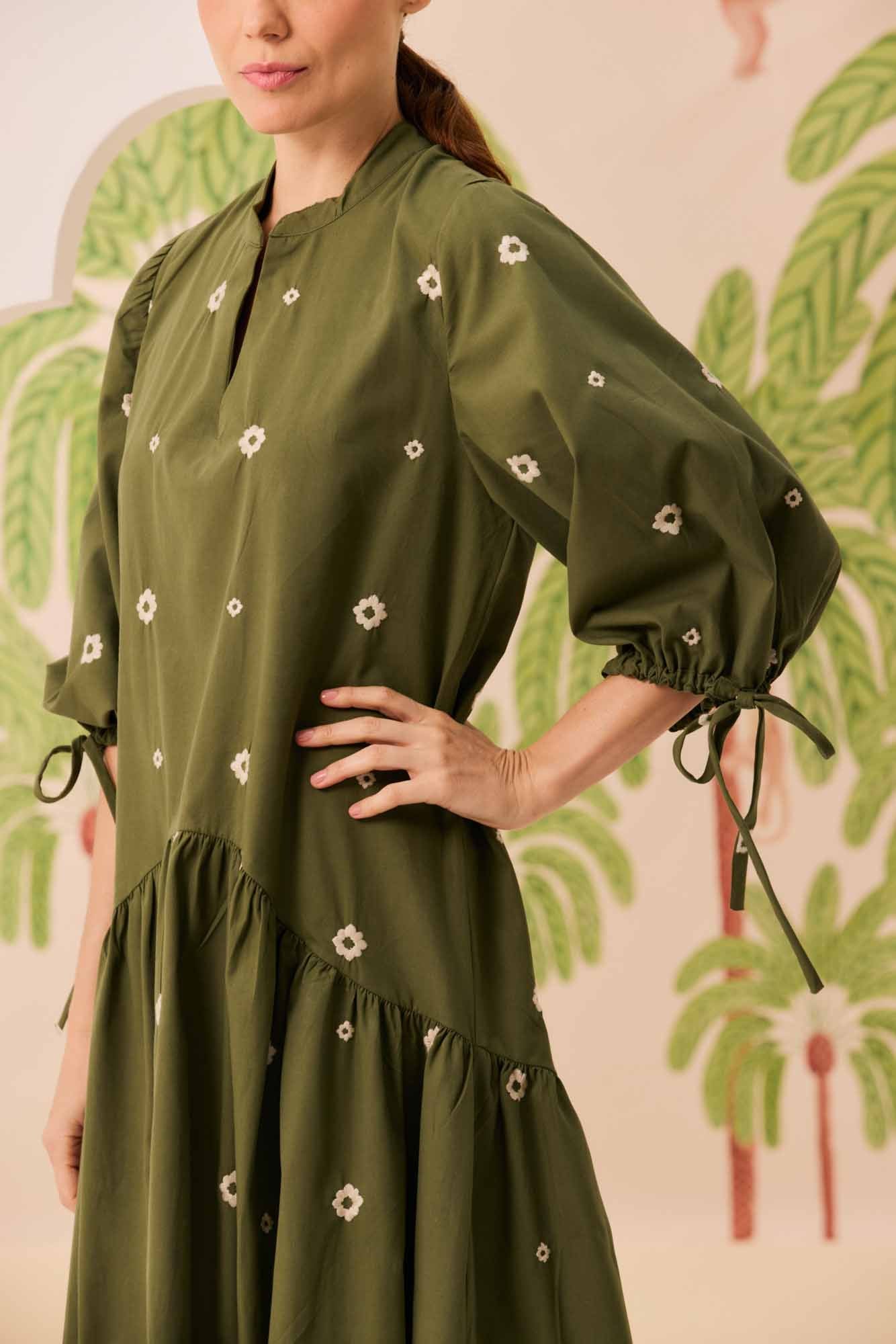 Vestido Mg Verde Bordado