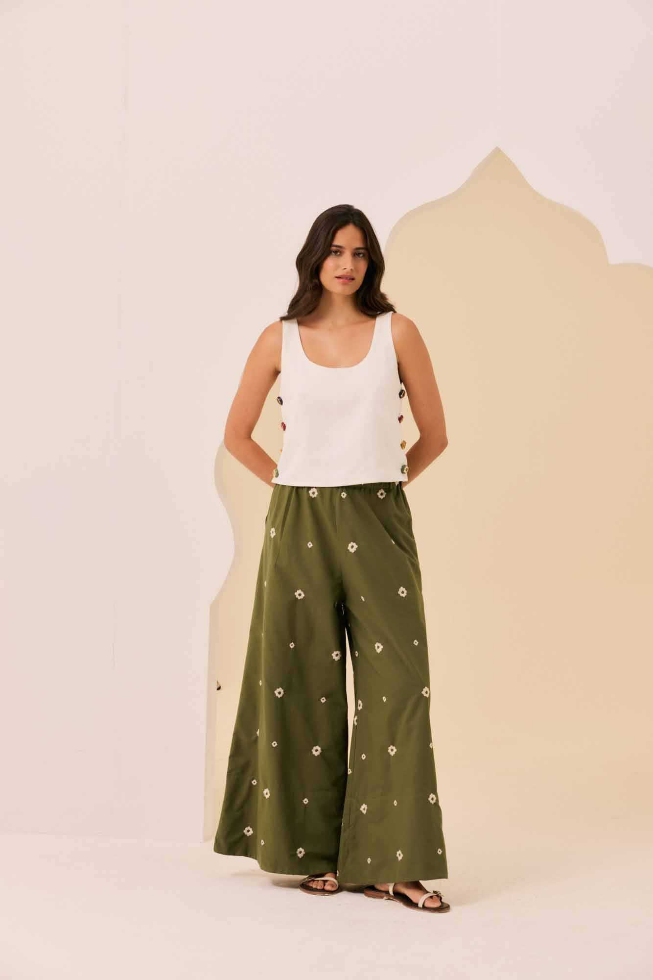 Calça Maxi Verde Bordado