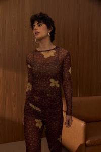 Blusa Tule Franzido Onça Floral