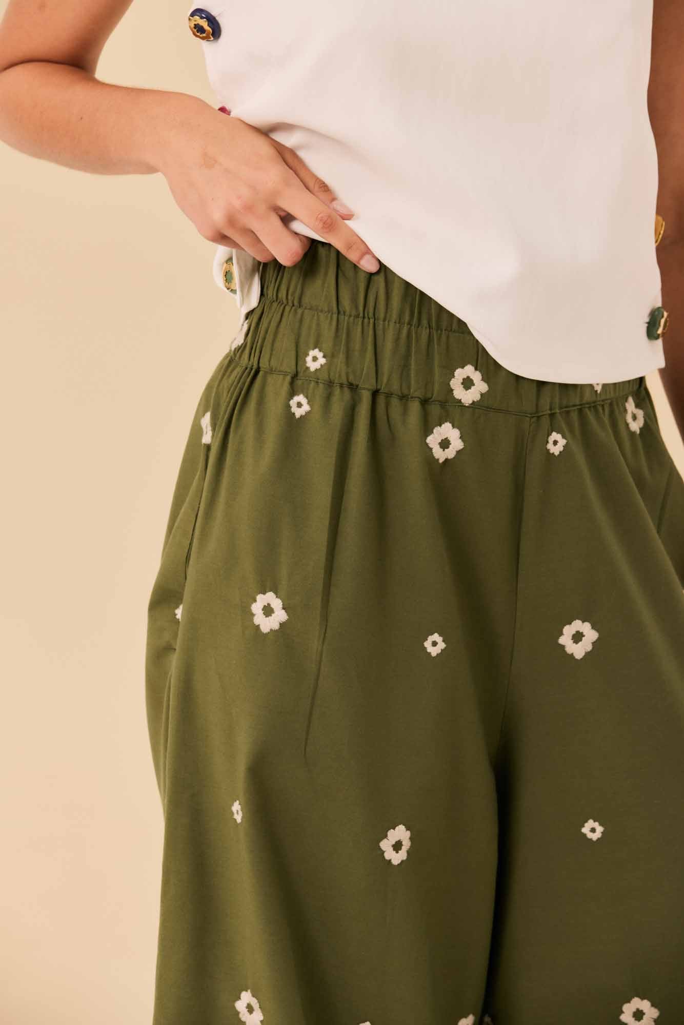 Calça Maxi Verde Bordado