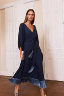 Vestido Franja Mg Bufante Azul Noite