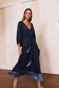 Vestido Franja Mg Bufante Azul Noite