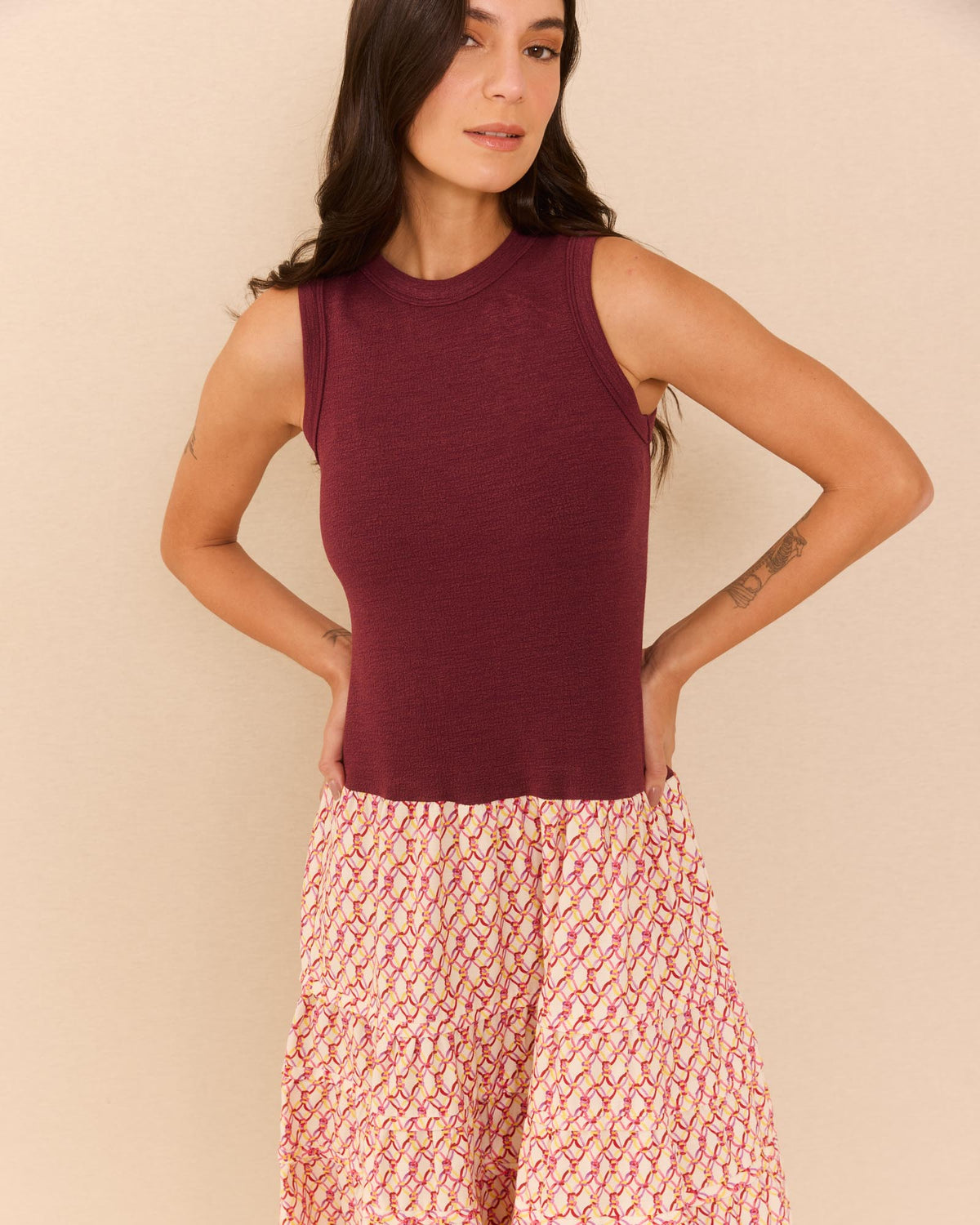 Vestido Mix Malha Bordô