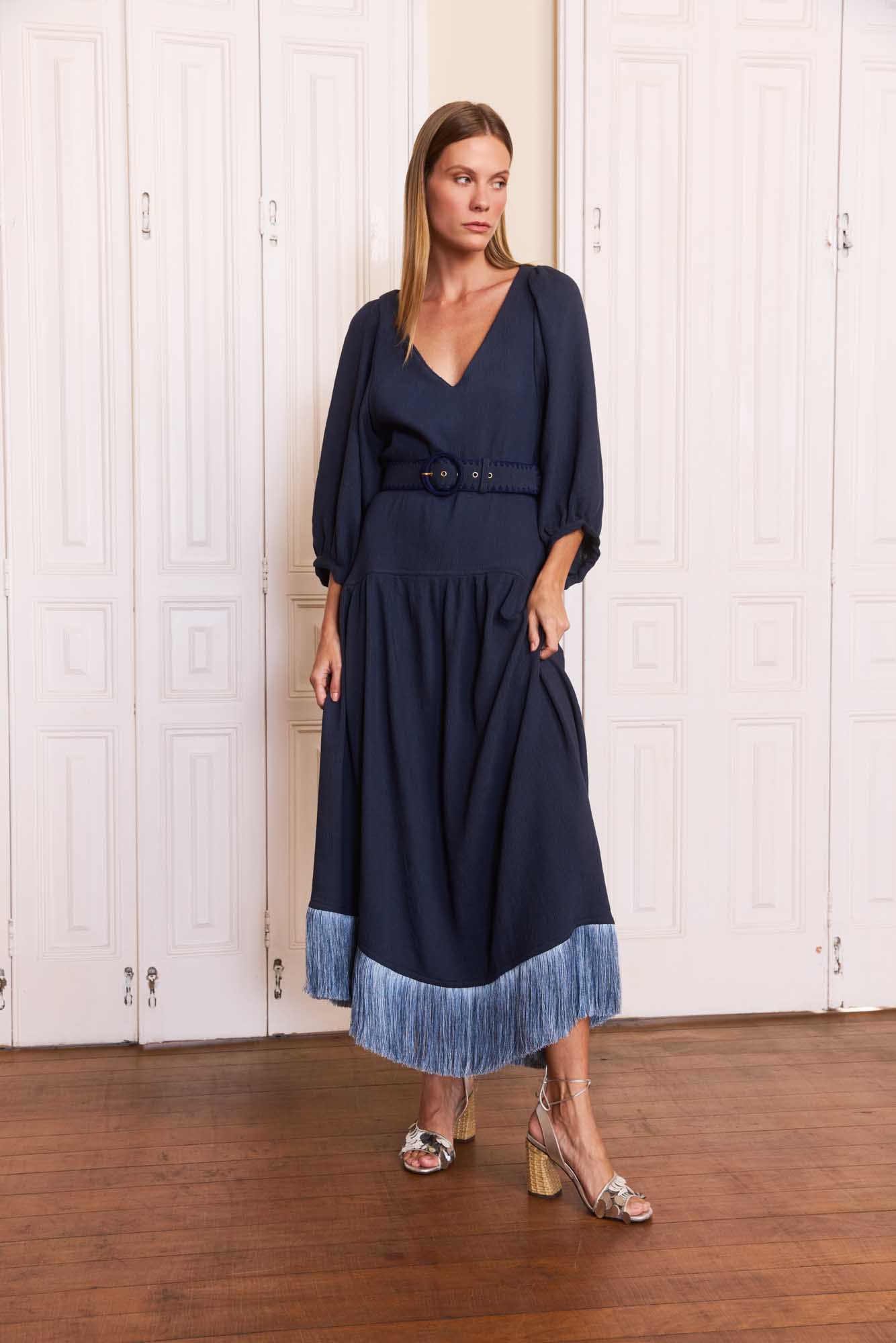 Vestido Franja Mg Bufante Azul Noite