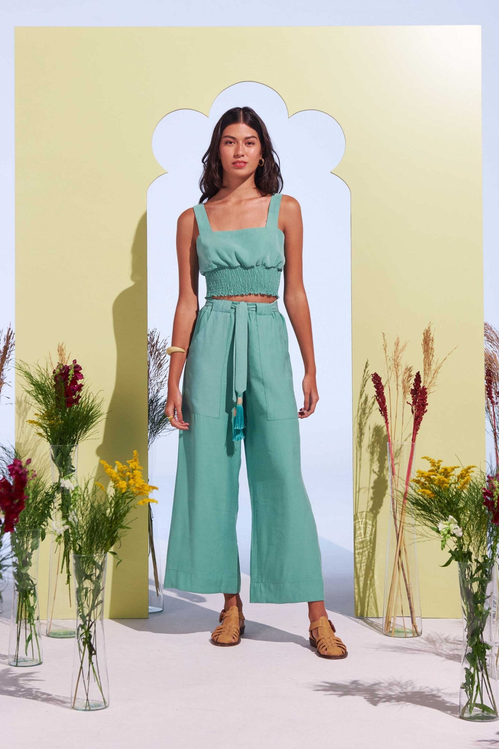 Cropped Lastex Turquesa Florescer