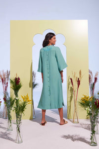 Chemise Abotoamento Costas Bordado Turquesa Florescer