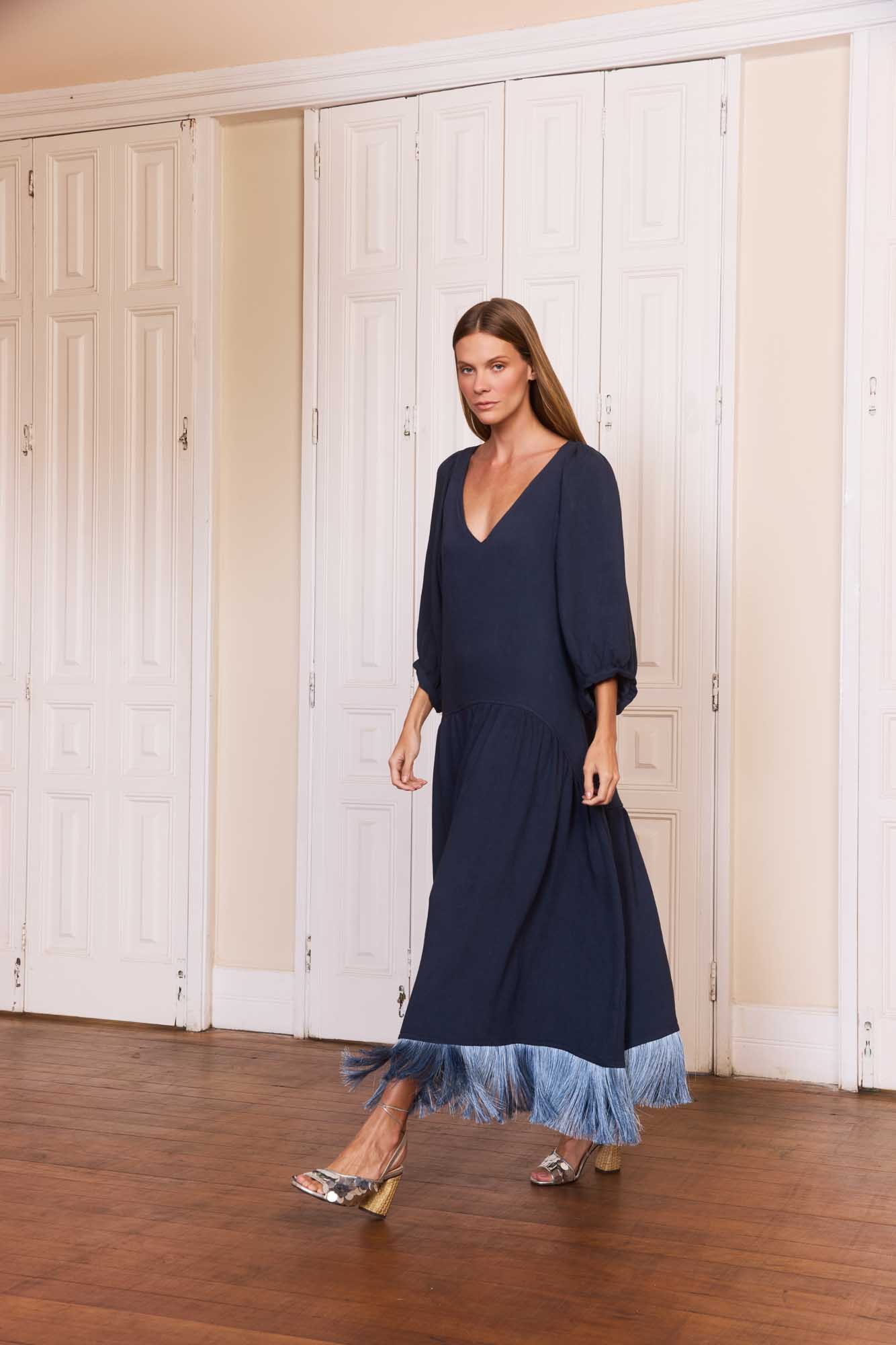 Vestido Franja Mg Bufante Azul Noite