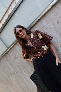 Camisa Gola Padre Onça Floral + Calça Aladim Preto